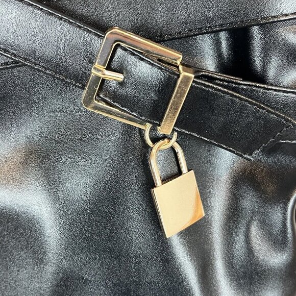 Yoki Black Wedge Mid Calf Boots Gold Lock Charm Size 6 - Picture 7 of 15